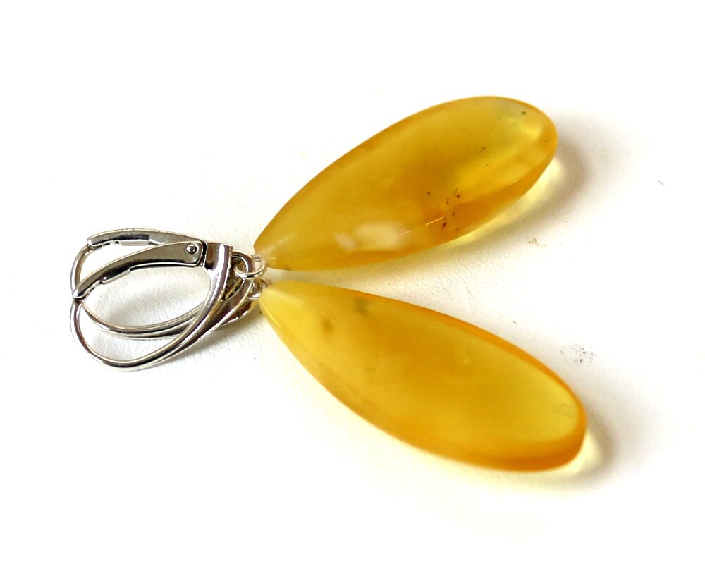 Baltic Amber Earrings Yellow Drop Jewelry Cloudy Natural Dangling 2" 4.5 gram 925 Silver