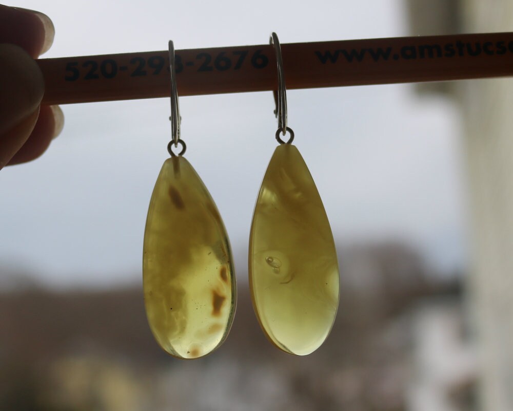 Baltic Amber Earrings Yellow Drop Jewelry Cloudy Natural Dangling 2" 4.5 gram 925 Silver