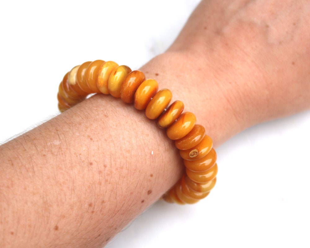 Baltic Amber Bracelet Antique Butterscotch Rondelle Beads Natural Yolk Unisex 31 gram