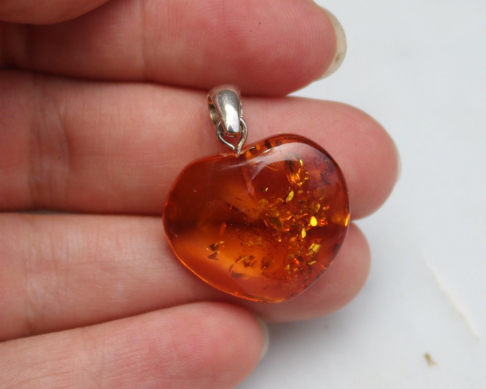 Baltic Amber Honey Heart Pendant Carved Natural Untreated 1.18" 2.5 gram