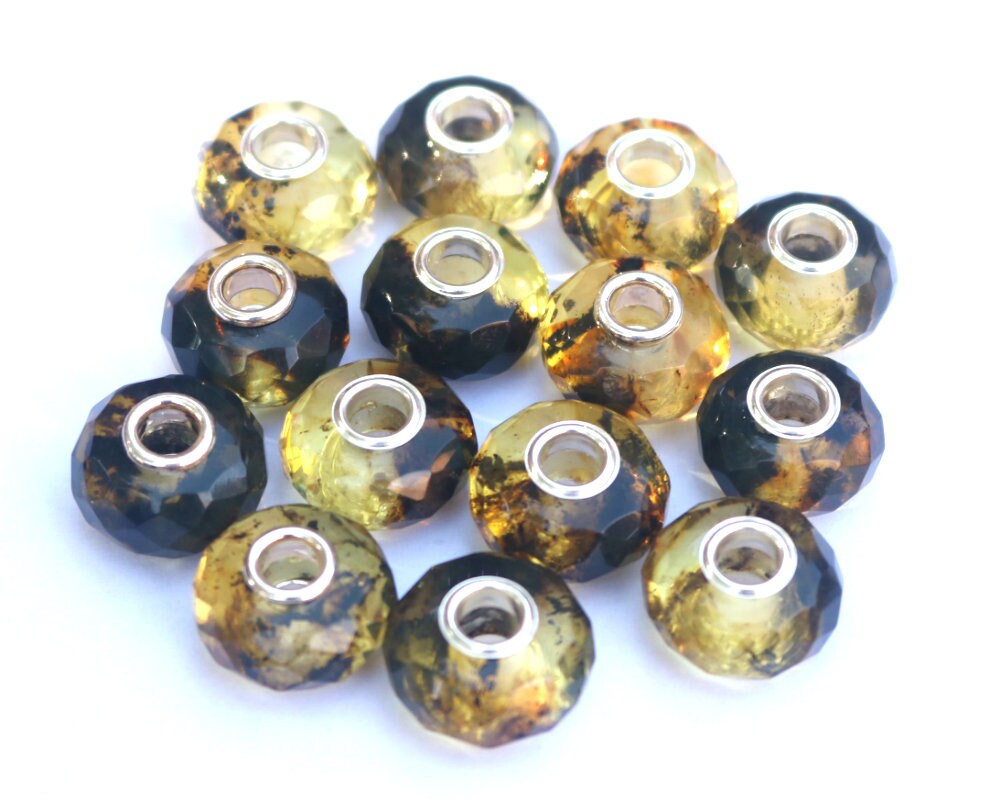 Baltic Amber Charm Bead Faceted Green with Inclusions Silver Core