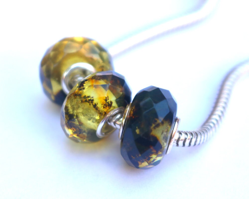 Baltic Amber Charm Bead Faceted Green with Inclusions Silver Core