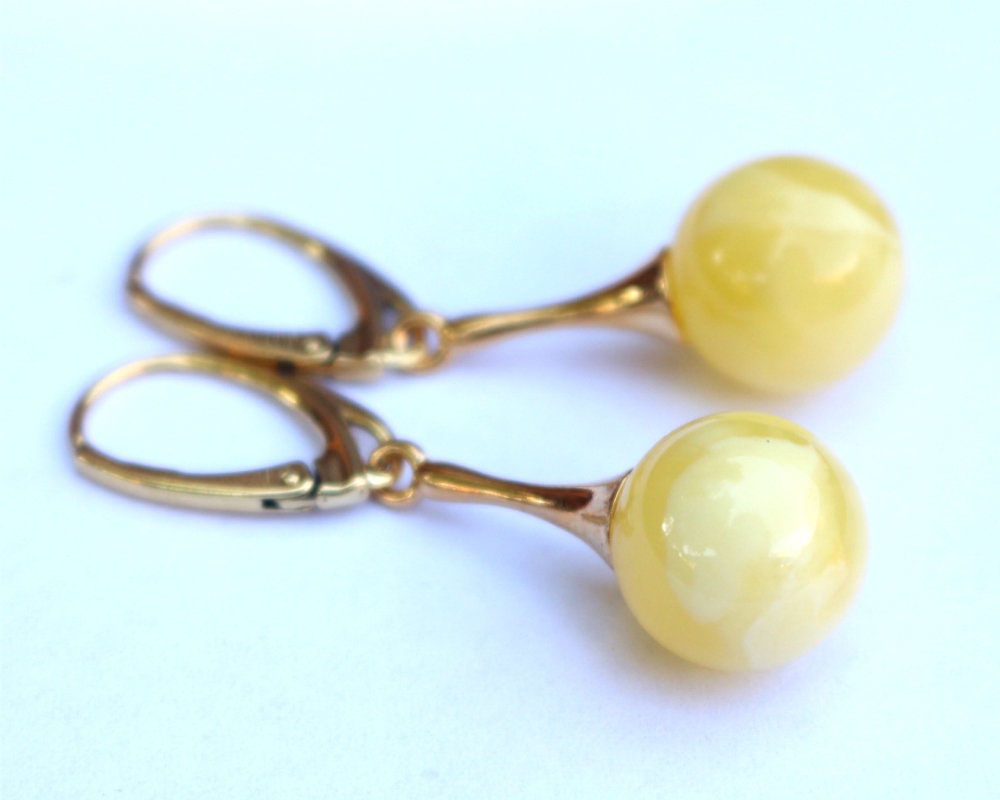 Baltic Amber Earrings Butterscotch Ball Yellow Gold Plated Dangling Jewelry 1.66" 4.5 gram