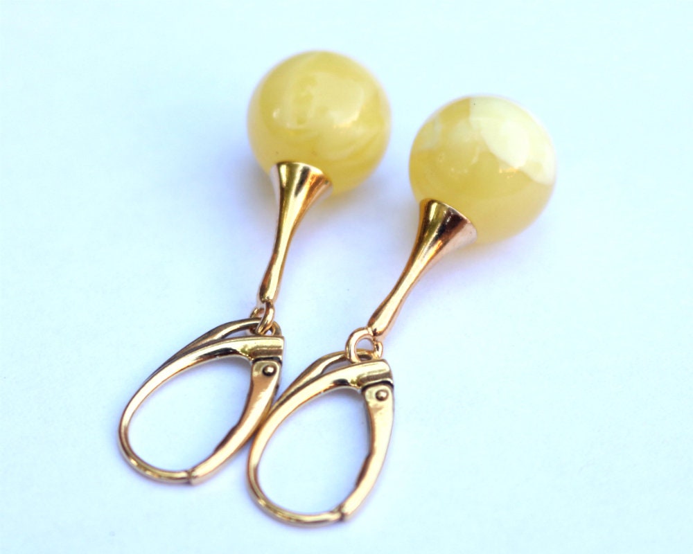 Baltic Amber Earrings Butterscotch Ball Yellow Gold Plated Dangling Jewelry 1.66" 4.5 gram