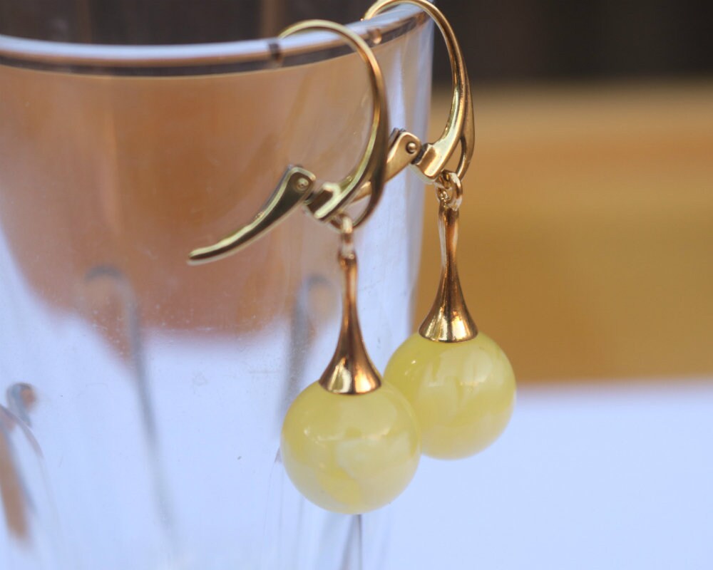 Baltic Amber Earrings Butterscotch Ball Yellow Gold Plated Dangling Jewelry 1.66" 4.5 gram