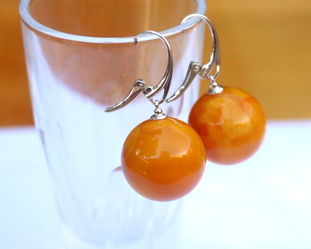 Baltic Amber Earrings Ball Round Antique Butterscotch Reconstructed Jewelry Yolk 1.6" 20 mm