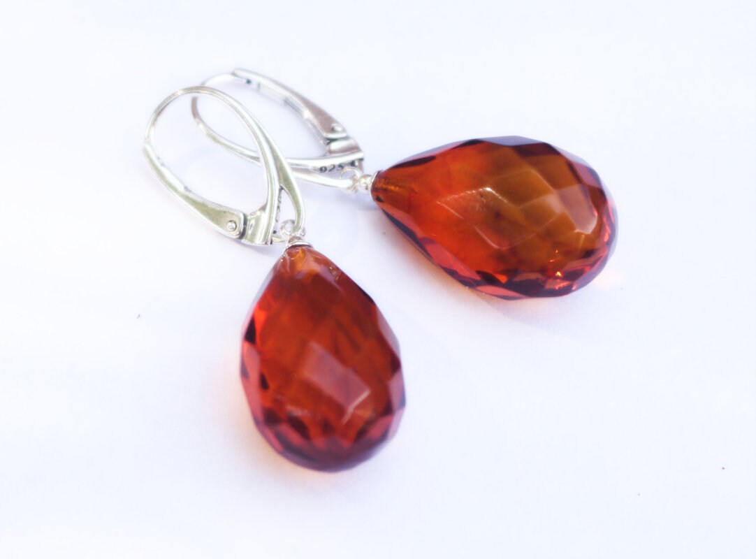 Baltic Amber Earrings Faceted Cherry  Drops Natural Jewelry 1.6" 5 gram 925 silver