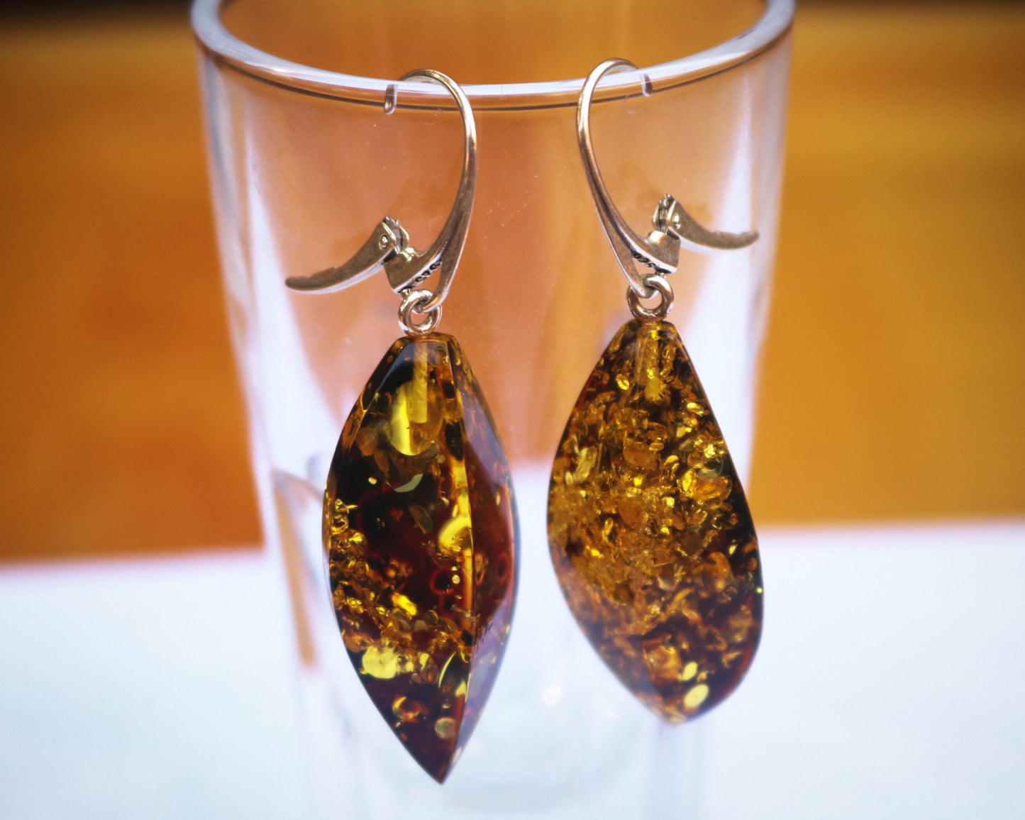 Baltic Amber Earrings Green Faceted Sparkling Jewelry 2.13" 6.9 gram 925 Silver