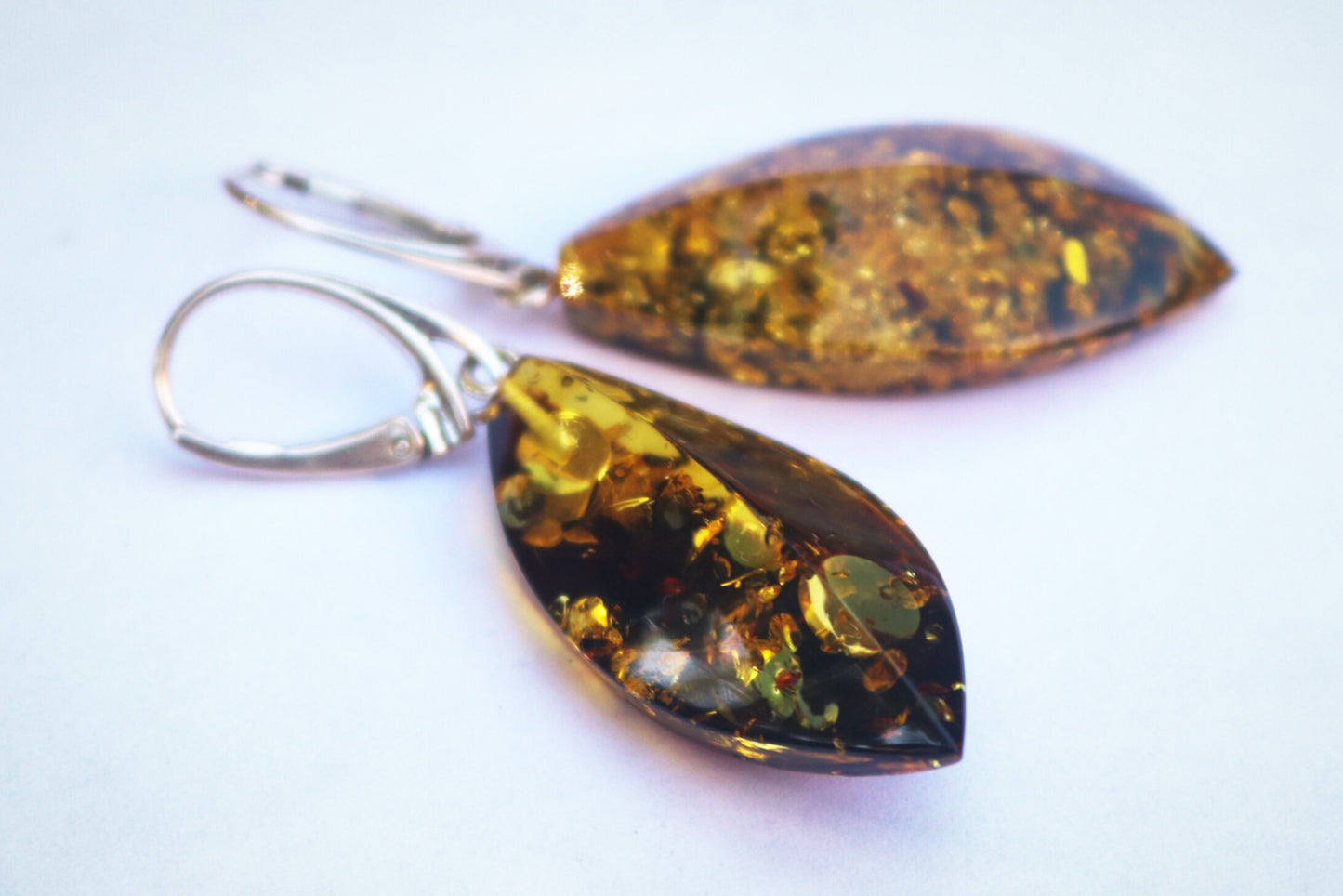 Baltic Amber Earrings Green Faceted Sparkling Jewelry 2.13" 6.9 gram 925 Silver