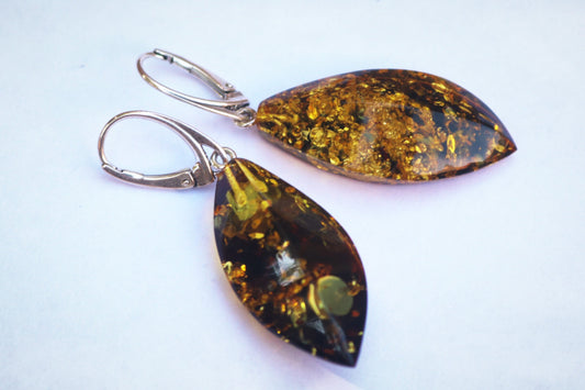 Baltic Amber Earrings Green Faceted Sparkling Jewelry 2.13" 6.9 gram 925 Silver