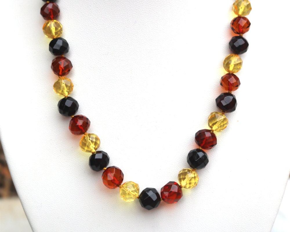 Baltic Amber Faceted Necklace Multicolor Natural Ball Beads 17.3" 19.1 gram