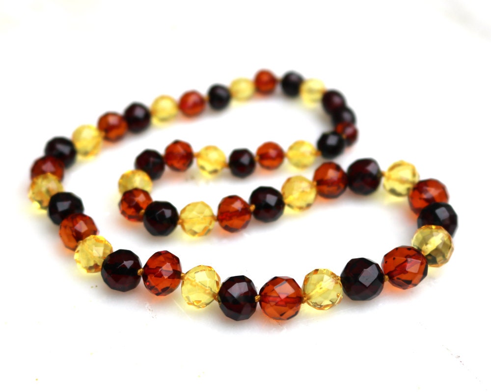 Baltic Amber Faceted Necklace Multicolor Natural Ball Beads 17.3" 19.1 gram