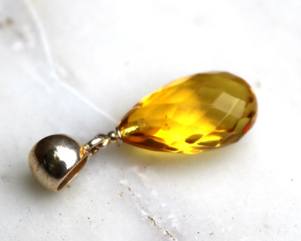 Baltic Amber Pendant Faceted Drop Honey Natural Untreated Unisex Jewelry 1.48" 3.2 gram 925 Silver