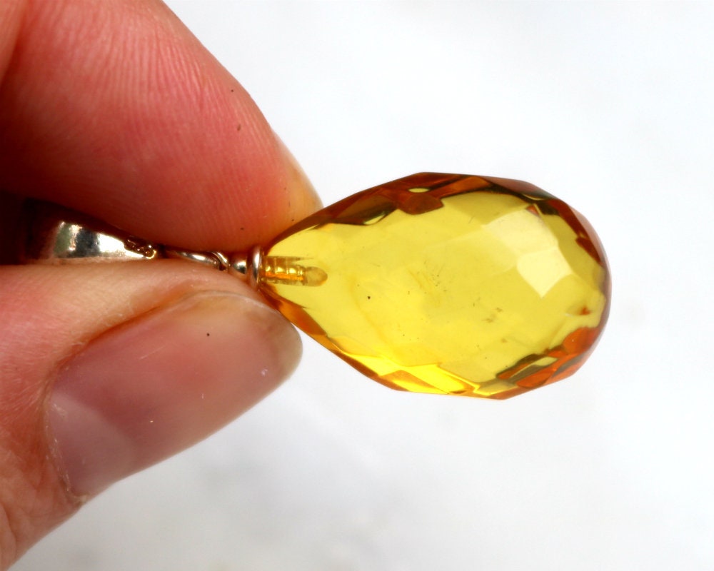 Baltic Amber Pendant Faceted Drop Honey Natural Untreated Unisex Jewelry 1.48" 3.2 gram 925 Silver