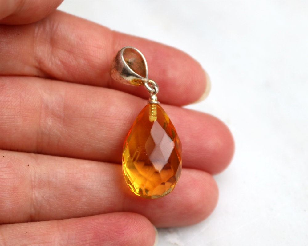 Baltic Amber Pendant Faceted Drop Honey Natural Untreated Unisex Jewelry 1.48" 3.2 gram 925 Silver