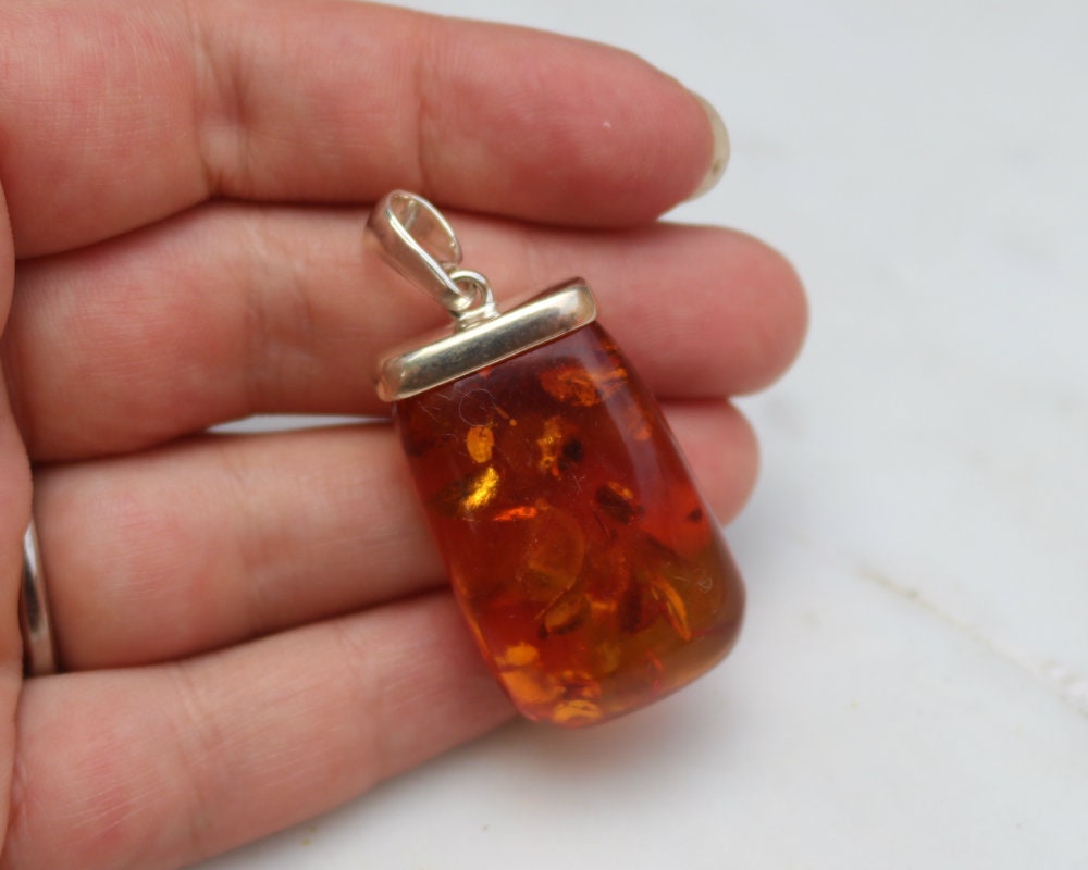 Baltic Amber Pendant Cognac Natural Untreated Unisex Jewelry 1.89" 8.5 gram 925 Silver