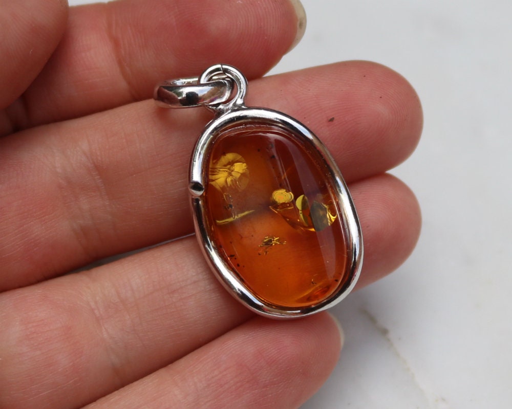 Baltic Amber Honey Pendant Natural Unisex 1.64" 6.7 gram 925 Silver