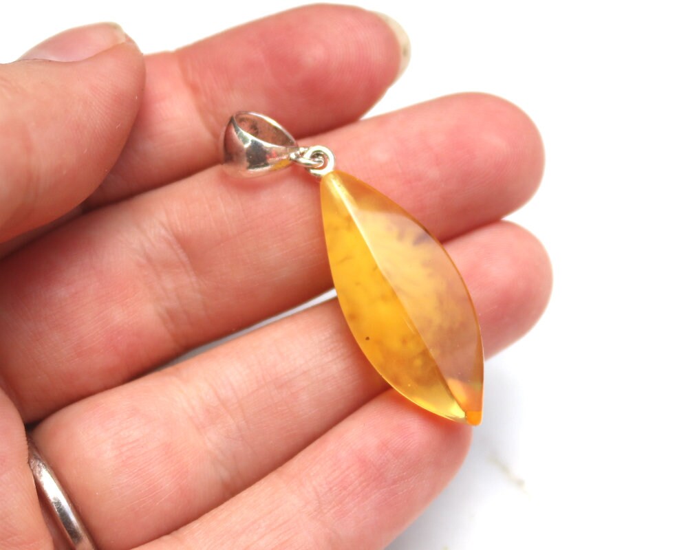 Baltic Amber Pendant Yellow Faceted Jewelry Natural Untreated Cloudy Unisex 1.77" 2.6 gram 925 Silver