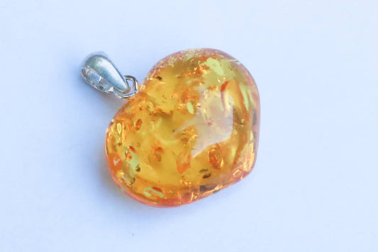 Baltic Amber Heart Pendant Yellow Lemon Sparkling 1.2" 3.9 gram 925 Silver