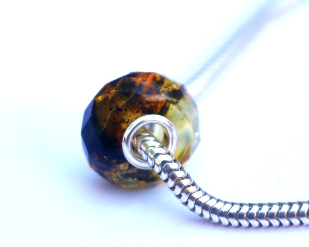 Baltic Amber Charm Bead Faceted Green with Inclusions Silver Core