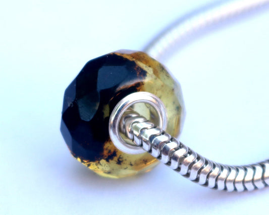 Baltic Amber Charm Bead Faceted Green with Inclusions Silver Core