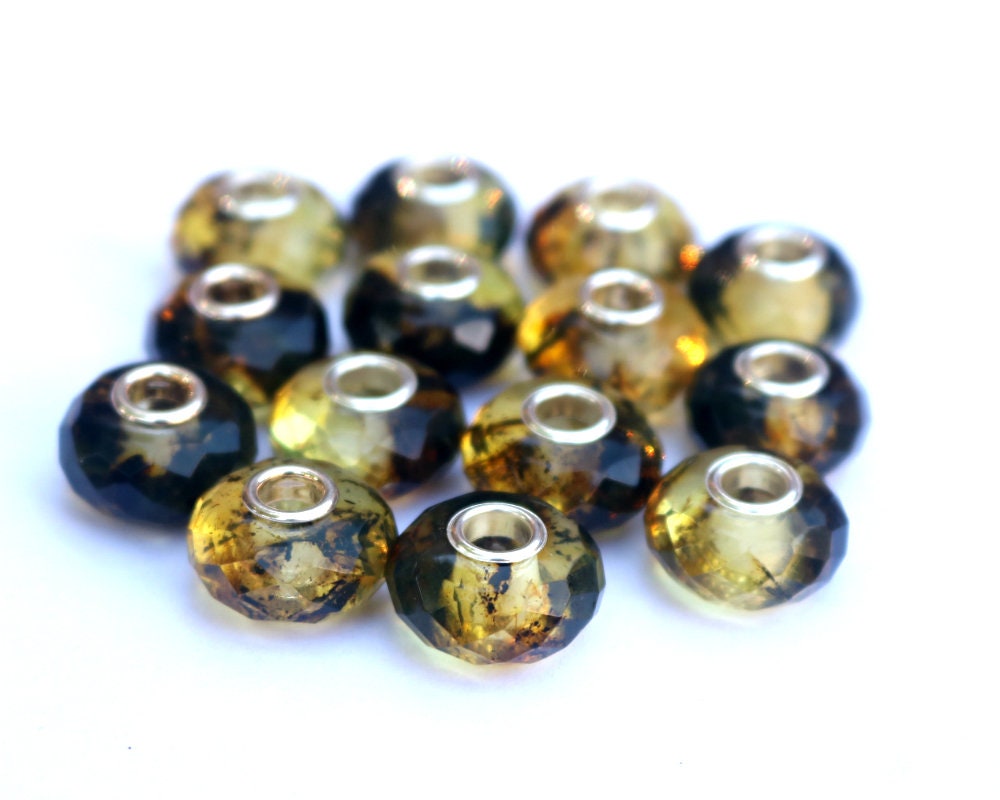 Baltic Amber Charm Bead Faceted Green with Inclusions Silver Core