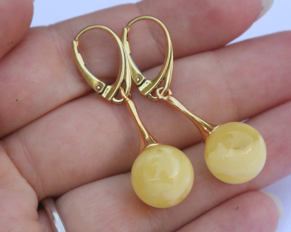 Baltic Amber Earrings Butterscotch Ball Yellow Gold Plated Dangling Jewelry 1.66" 4.5 gram