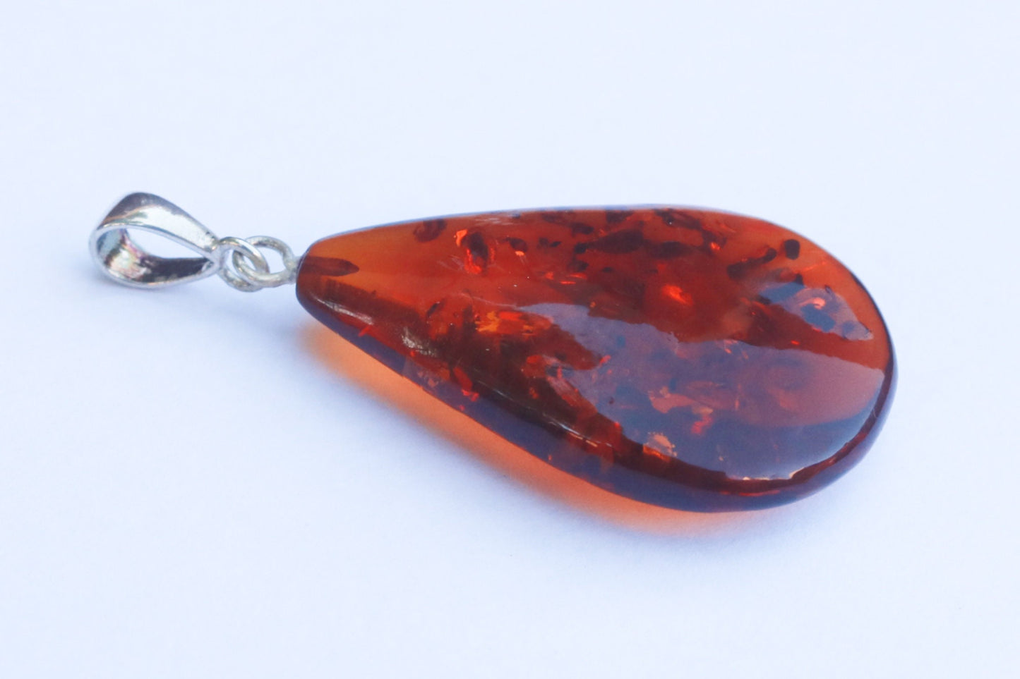 Baltic Amber Drop Pendant Sparkling Unisex Jewelry Cognac 2.27" 6.6 gram 925 Silver