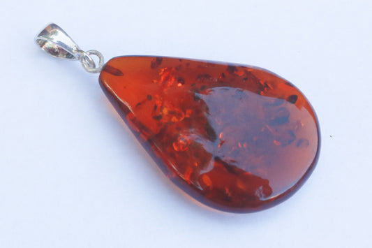 Baltic Amber Drop Pendant Sparkling Unisex Jewelry Cognac 2.27" 6.6 gram 925 Silver