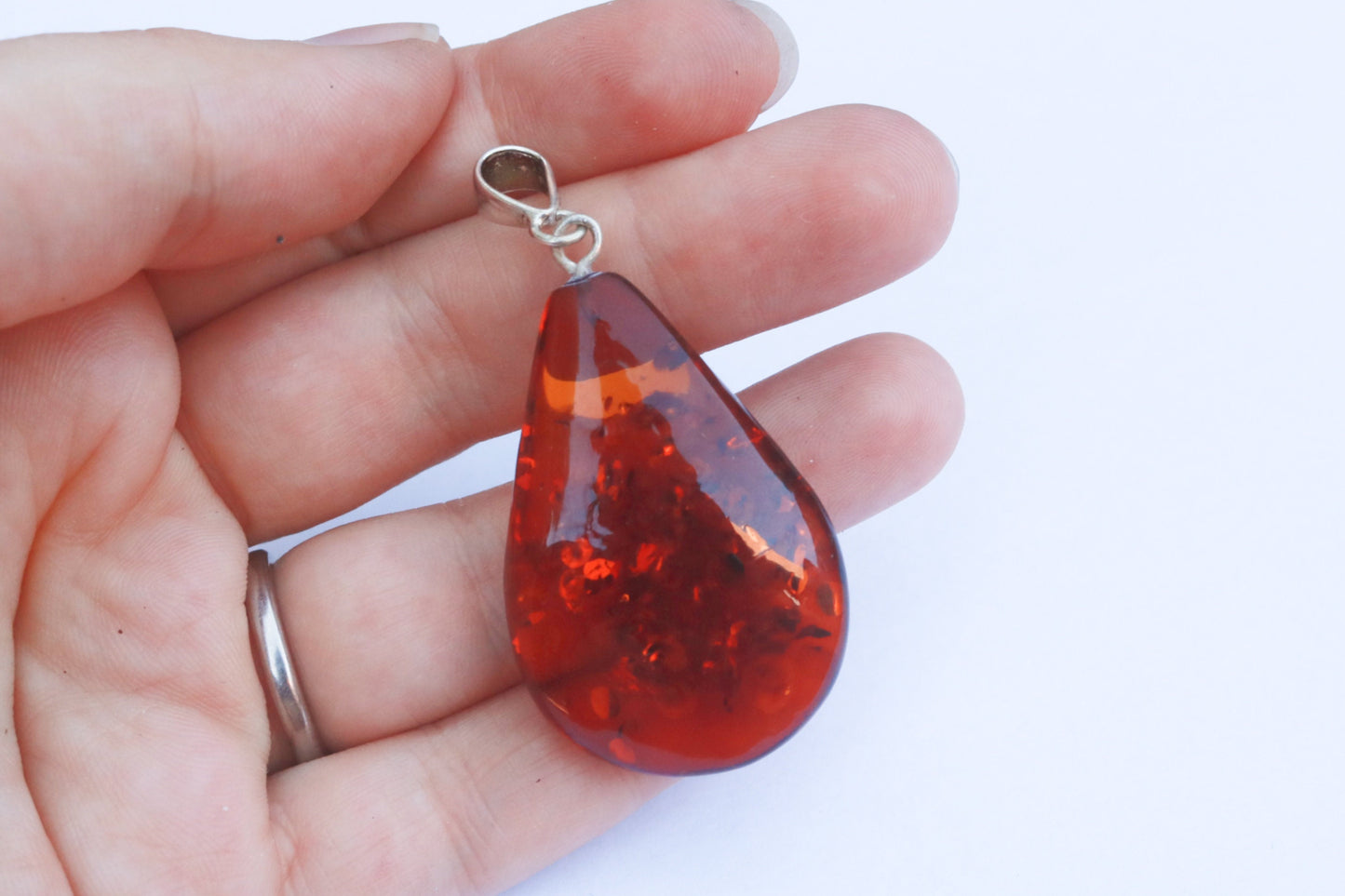 Baltic Amber Drop Pendant Sparkling Unisex Jewelry Cognac 2.27" 6.6 gram 925 Silver