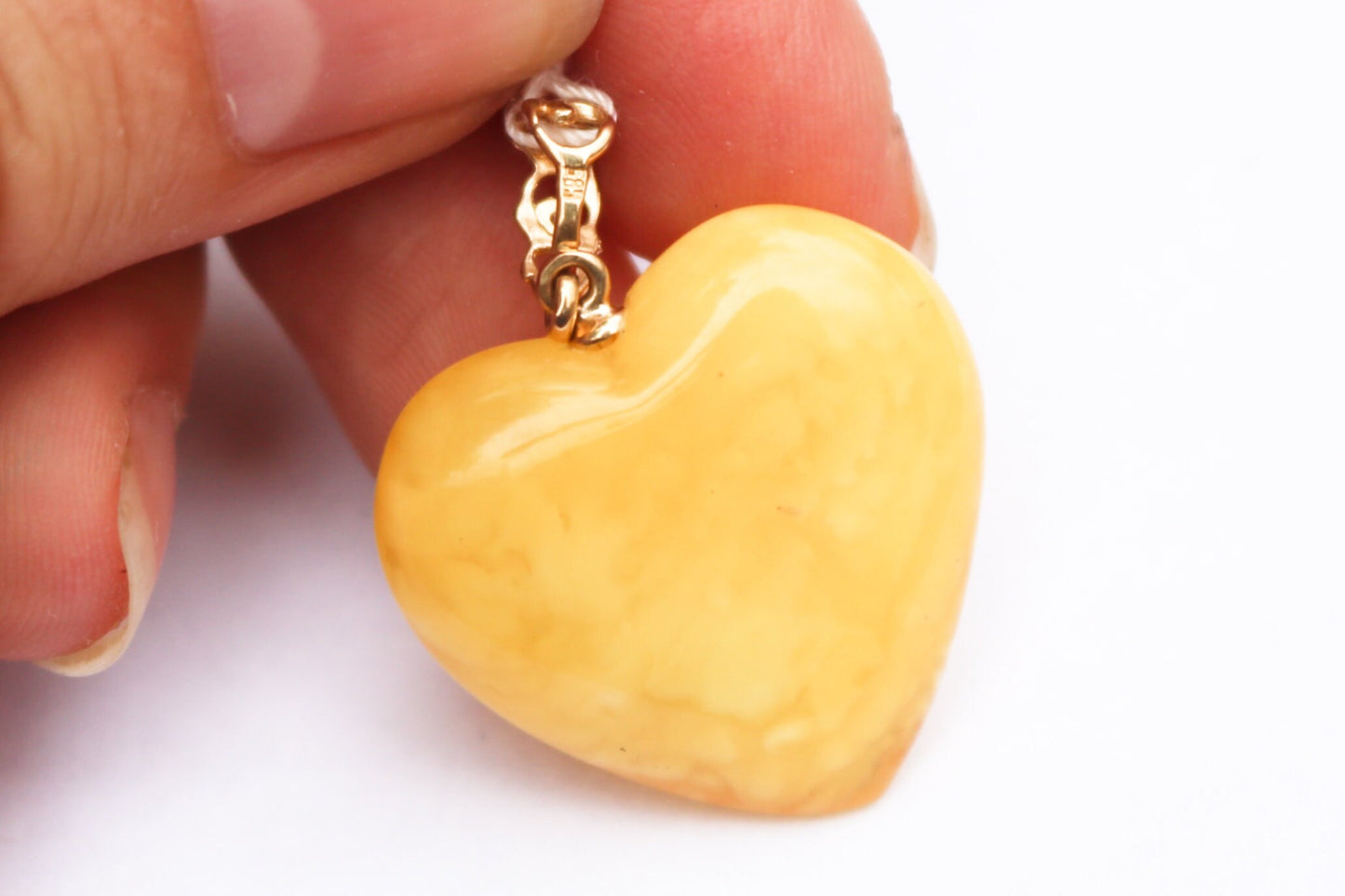 Baltic Amber Heart Pendant Butterscotch Natural Milky Jewelry 1.43" 14k Gold 4 gram