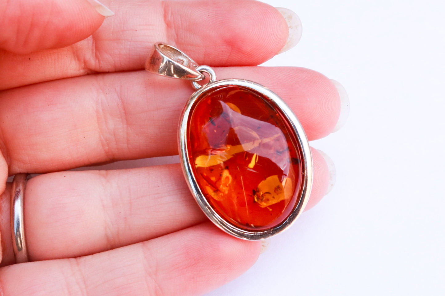 Baltic Amber Pendant Honey Natural Oval Sparkling Unisex Jewelry 1.78" 9.1 gram 925 Silver