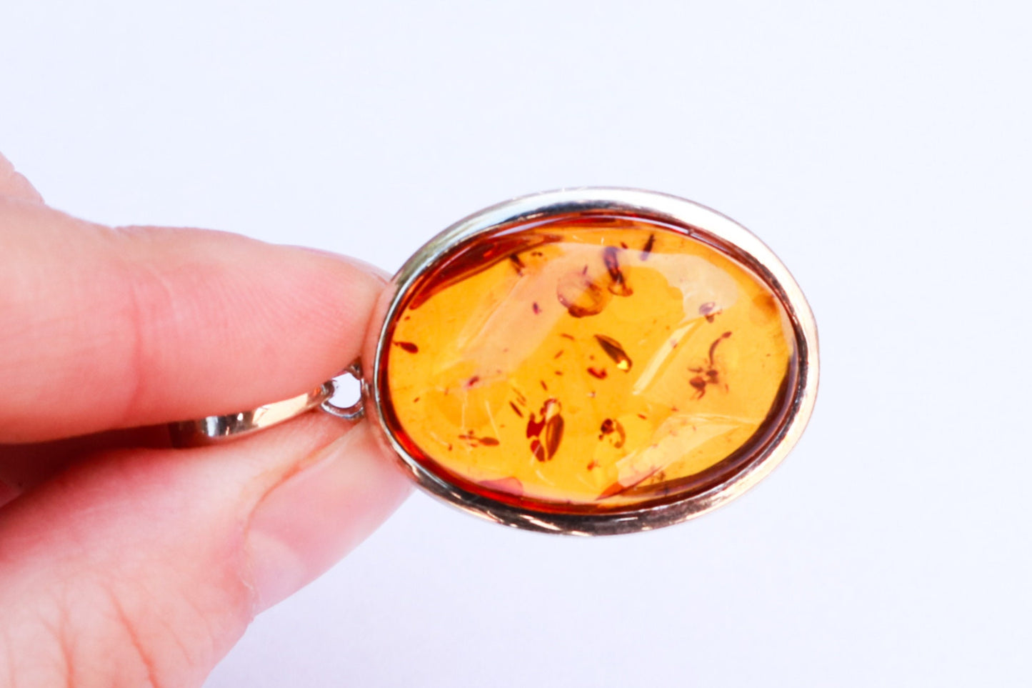 Baltic Amber Pendant Honey Natural Oval Sparkling Unisex Jewelry 1.78" 9.1 gram 925 Silver