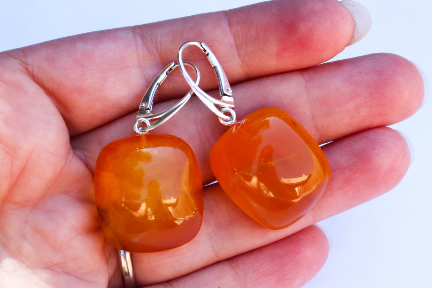 Baltic Amber Earrings Antique Natural Cloudy Cushion Shape Jewelry 1.67" 8 gram 925 Silver