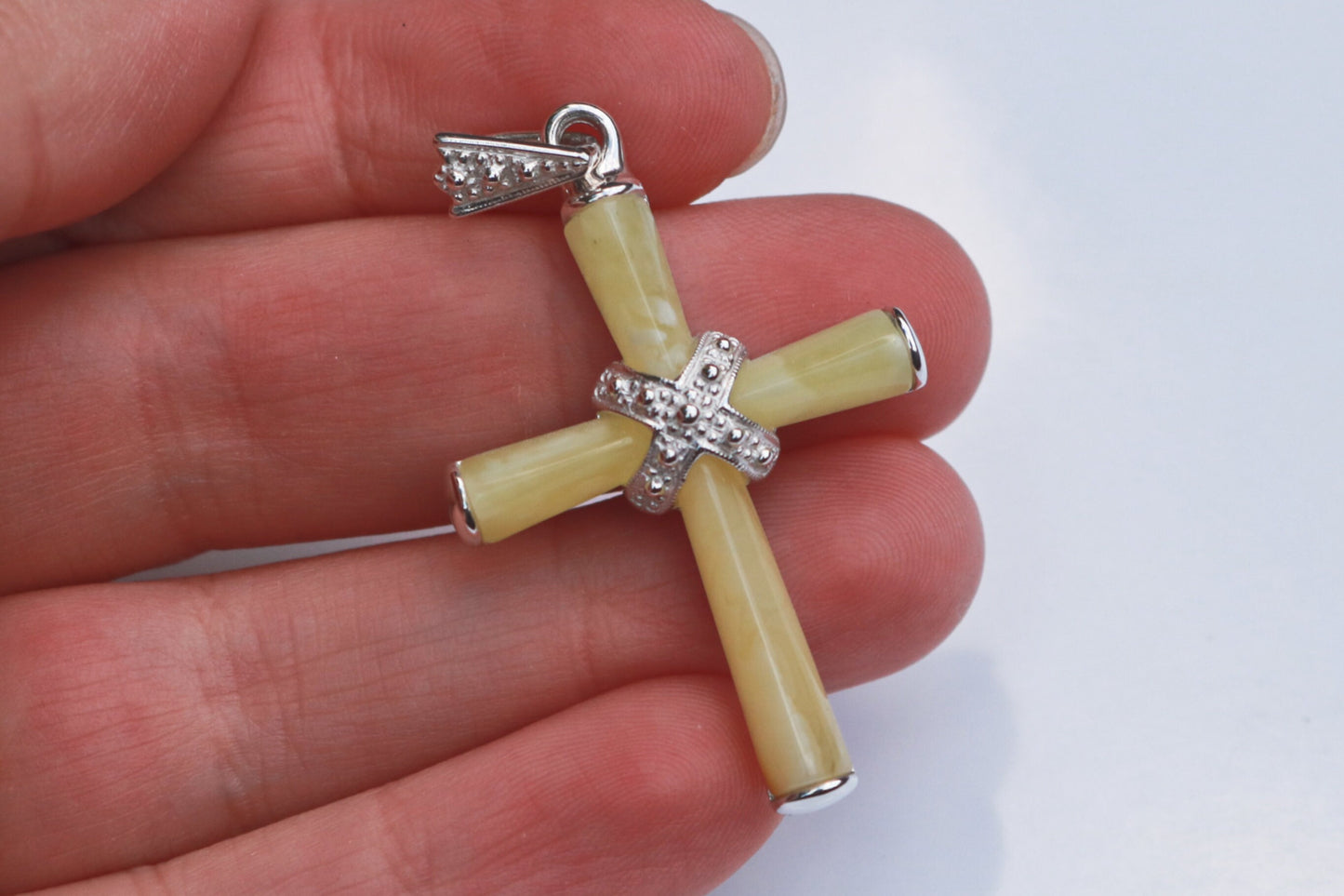 Baltic Amber Cross Pendant Butterscotch Natural Untreated Jewelry 1.9" 925 silver