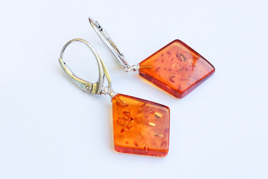 Baltic Amber Earrings Diamond Shape Honey Natural Jewelry 1.53" 2.8 gram