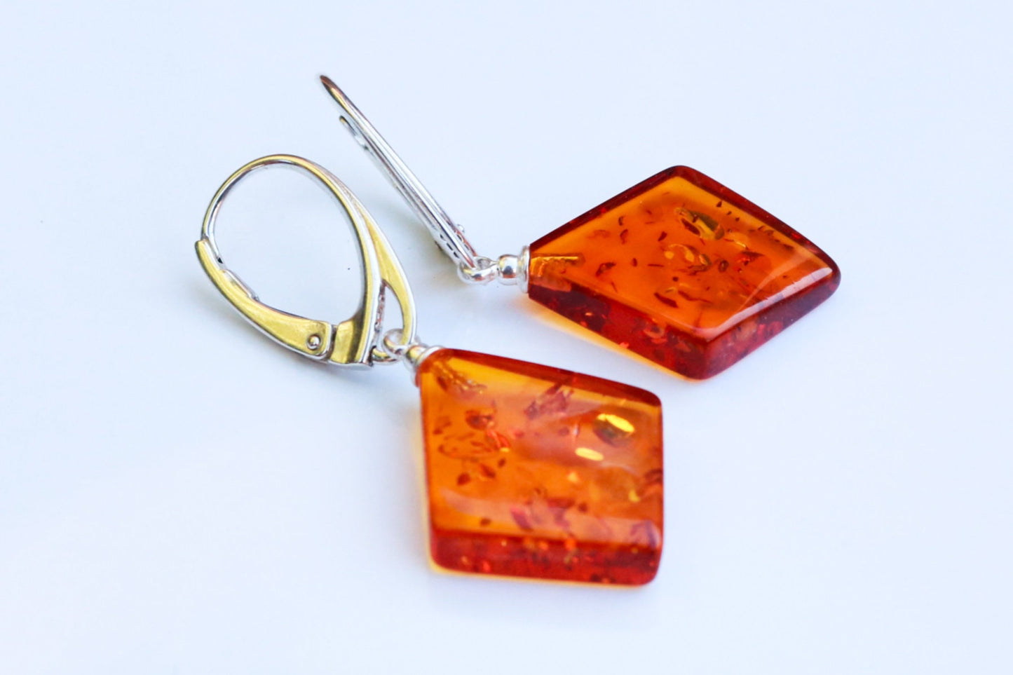 Baltic Amber Earrings Diamond Shape Honey Natural Jewelry 1.53" 2.8 gram