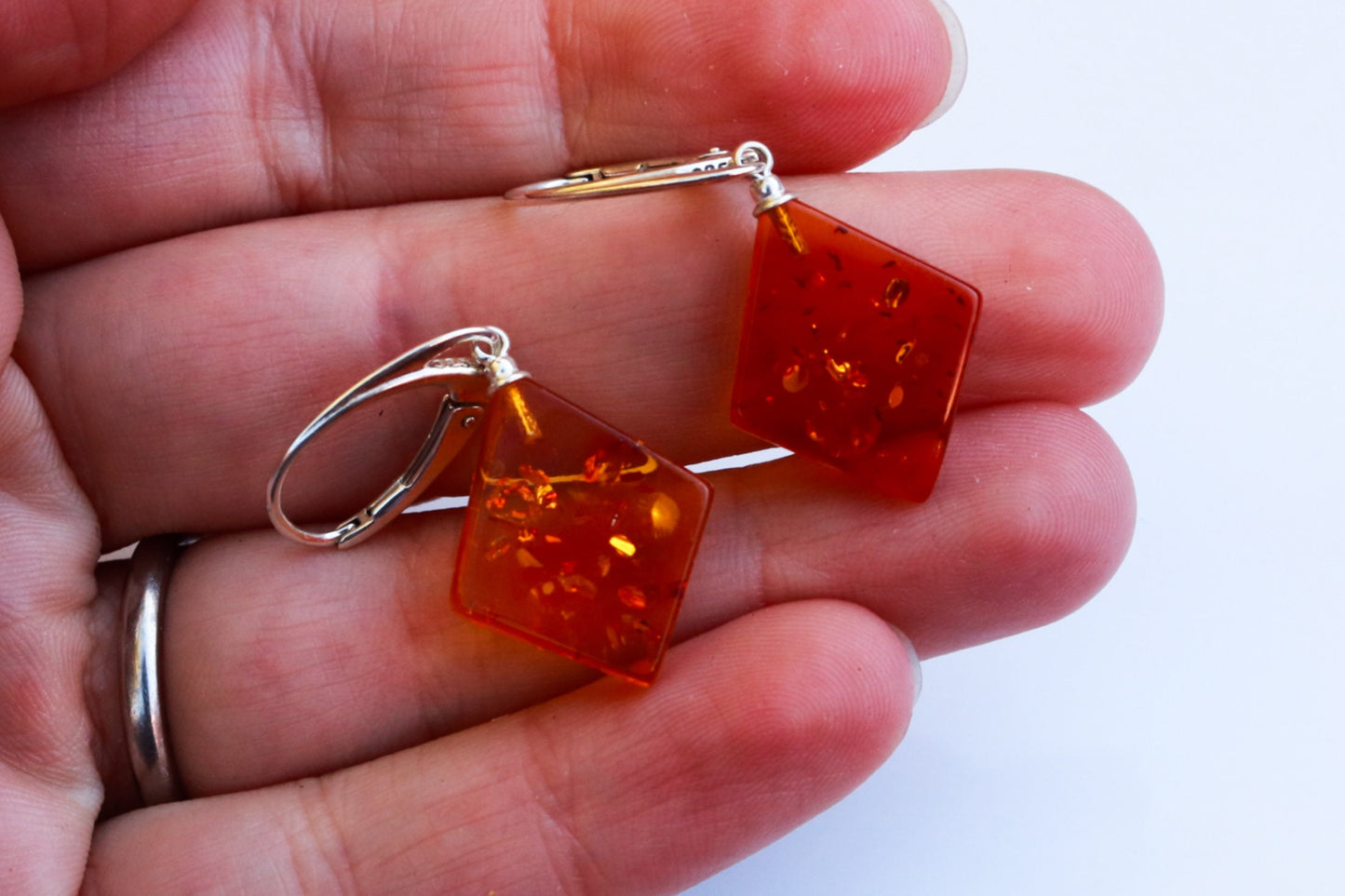 Baltic Amber Earrings Diamond Shape Honey Natural Jewelry 1.53" 2.8 gram