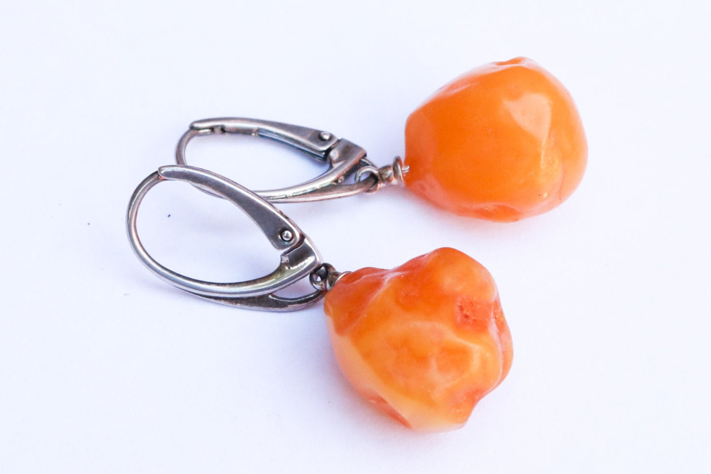 Baltic Amber Earrings Nodule Yolk Drop Natural Untreated Raw Healing Caramel Jewelry 3.9 gram 925 Silver