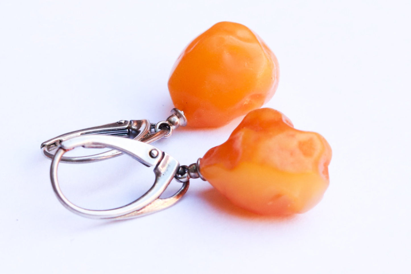 Baltic Amber Earrings Nodule Yolk Drop Natural Untreated Raw Healing Caramel Jewelry 3.9 gram 925 Silver