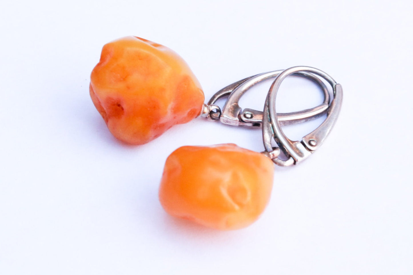 Baltic Amber Earrings Nodule Yolk Drop Natural Untreated Raw Healing Caramel Jewelry 3.9 gram 925 Silver