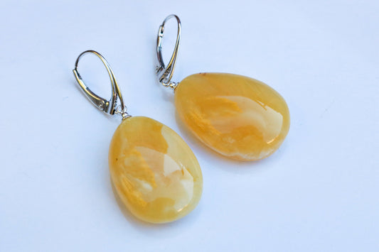 Baltic Amber Earrings Butterscotch Drop Natural Untreated Yellow 1.9" 7.2 gram 925 Silver