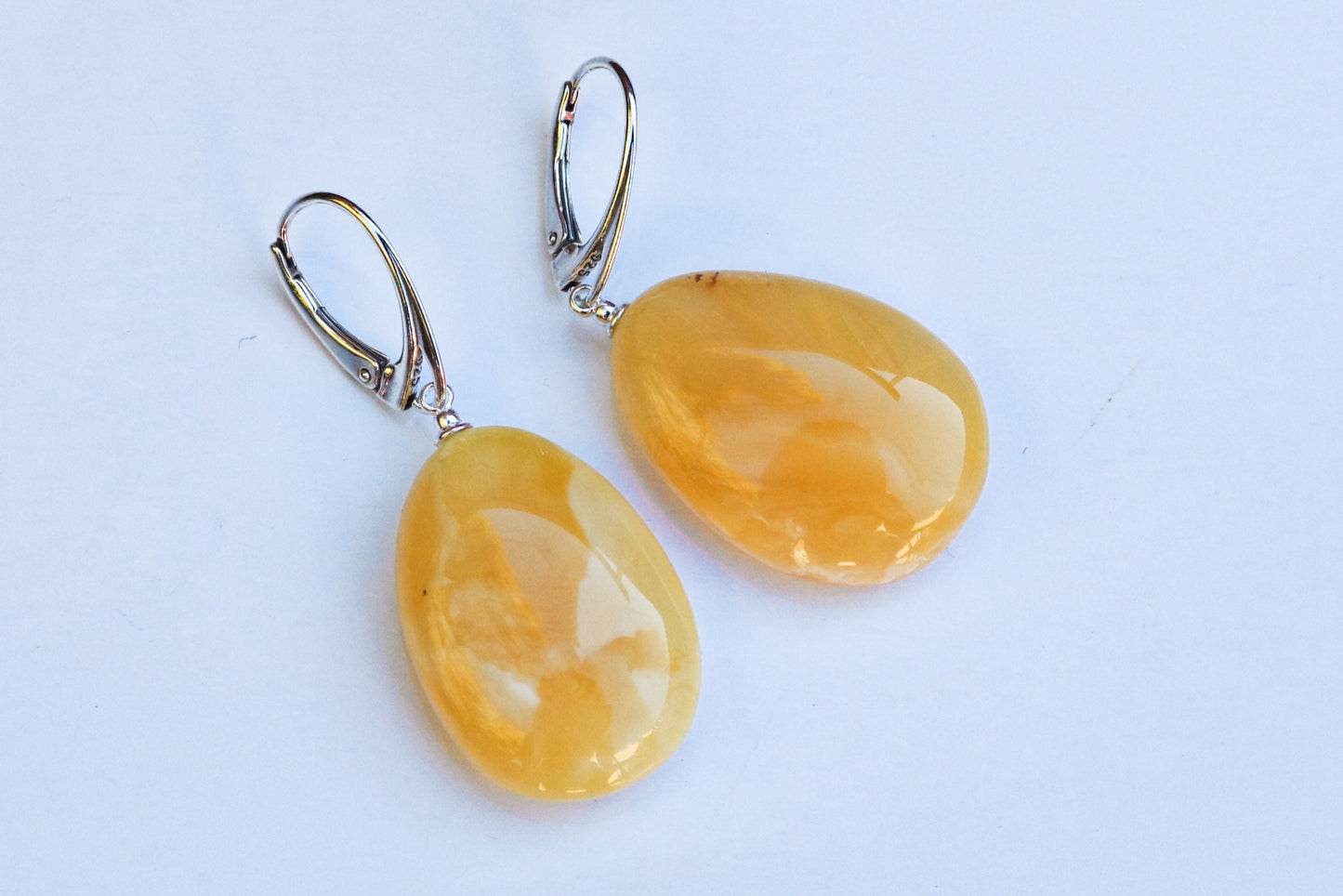 Baltic Amber Earrings Butterscotch Drop Natural Untreated Yellow 1.9" 7.2 gram 925 Silver