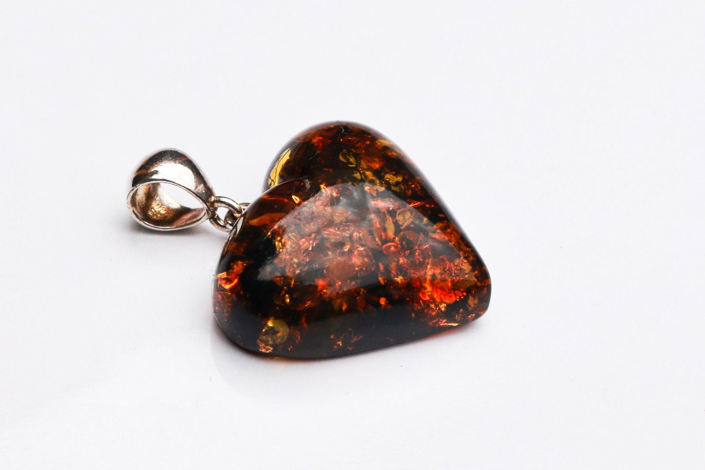 Baltic Amber Heart Pendant Green Sparkling Dark Carved 1.43" 5.1 gram 925 Silver