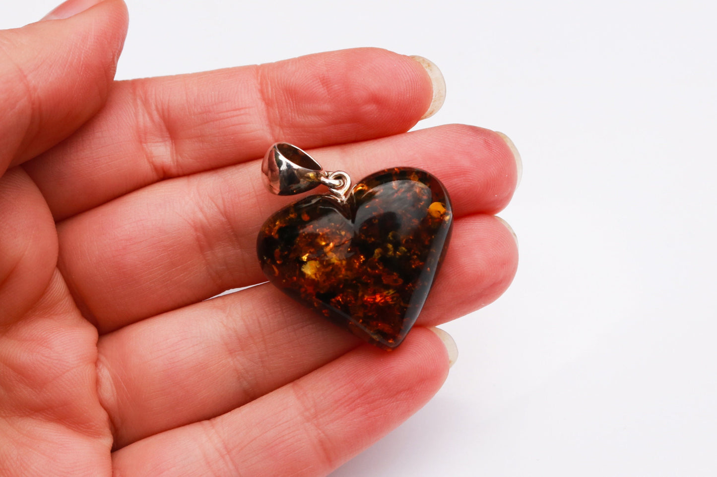 Baltic Amber Heart Pendant Green Sparkling Dark Carved 1.43" 5.1 gram 925 Silver