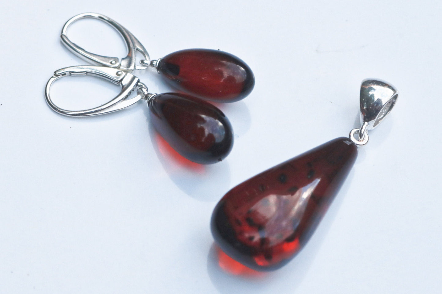 Baltic Amber Jewelry Set Cherry Drop Pendant and Earrings Natural 6.9 gram