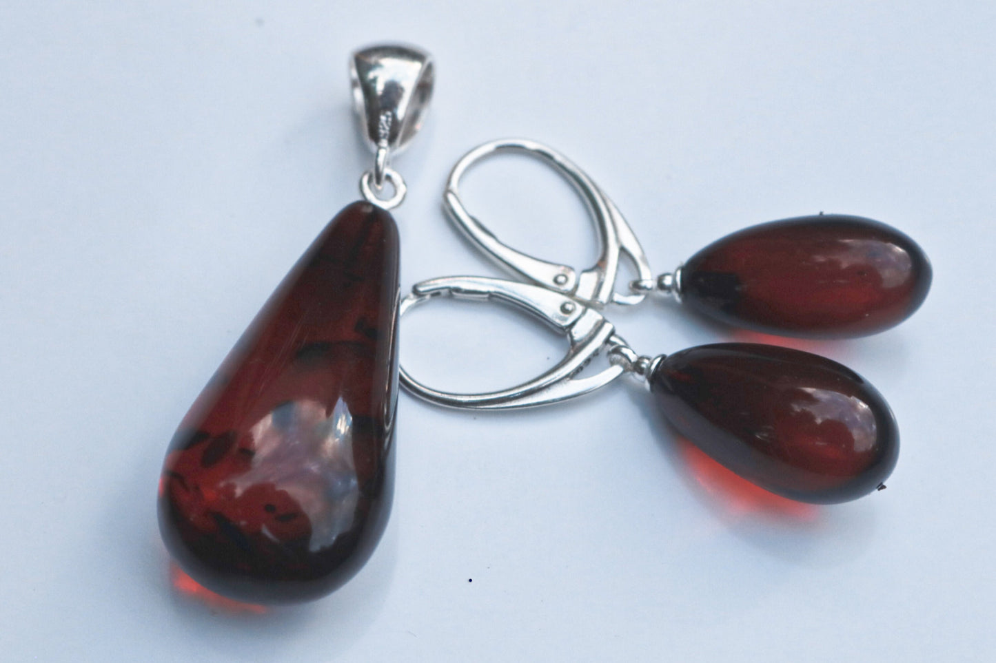 Baltic Amber Jewelry Set Cherry Drop Pendant and Earrings Natural 6.9 gram