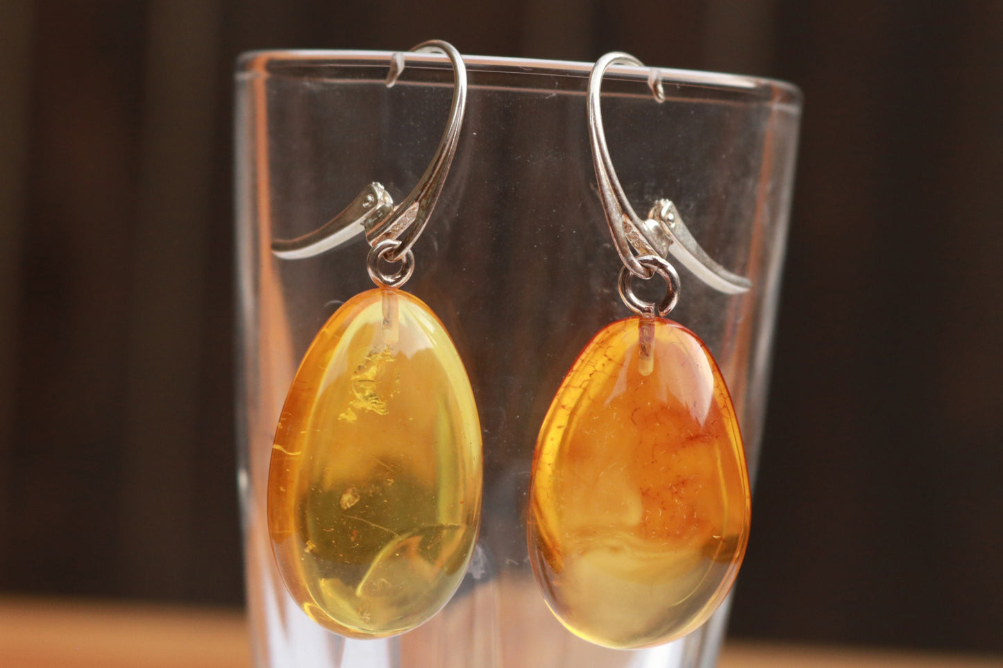 Baltic Amber Earrings Honey Drop Natural Sparkling Natural 1.78" 6 gram 925 Silver