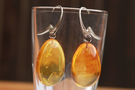 Baltic Amber Earrings Honey Drop Natural Sparkling Natural 1.78" 6 gram 925 Silver