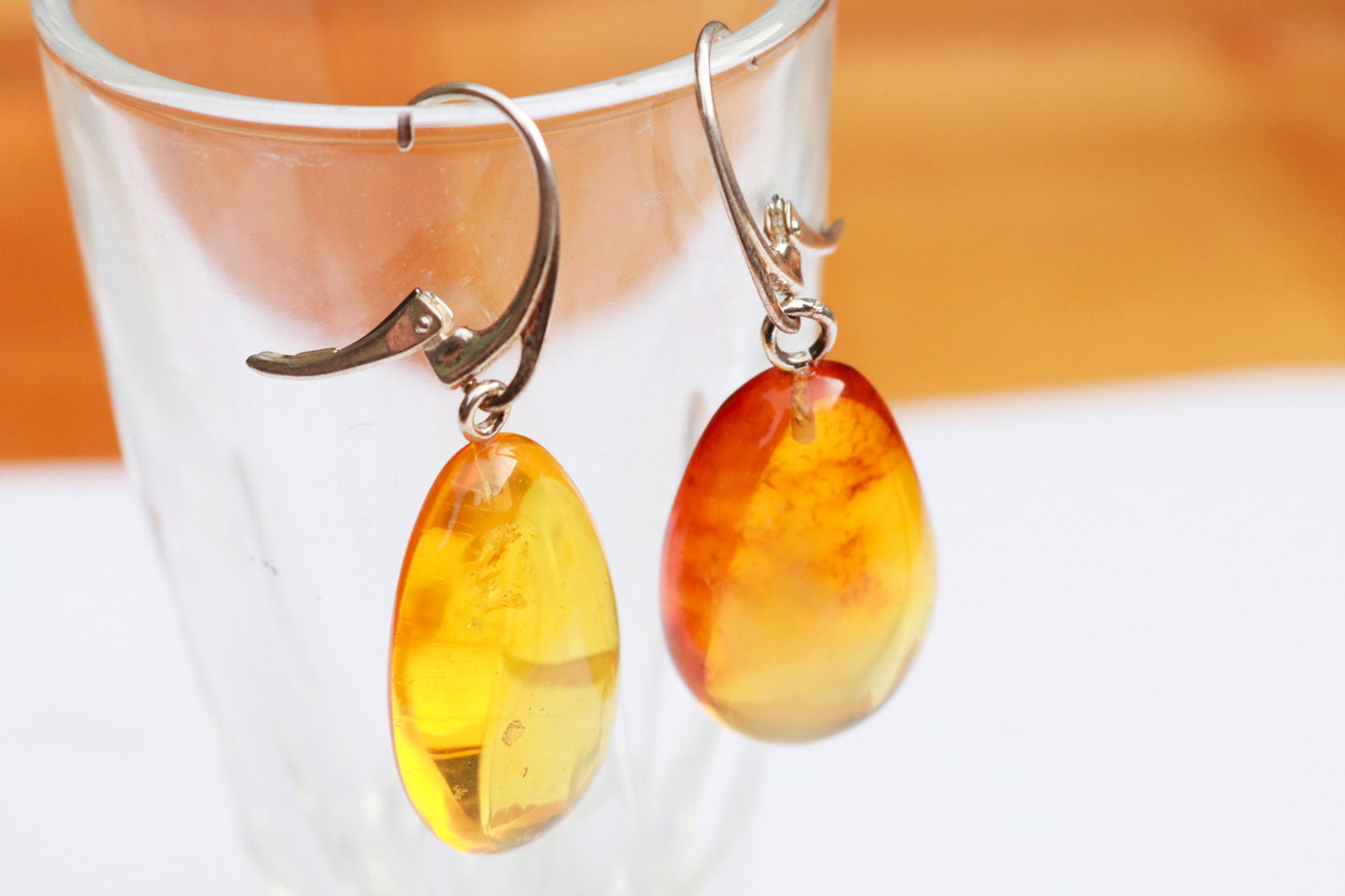 Baltic Amber Earrings Honey Drop Natural Sparkling Natural 1.78" 6 gram 925 Silver